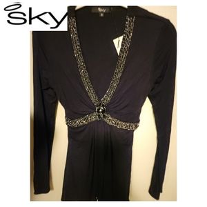 SKY Bell Sleeve Chain Trim Deep V-Neck Top. Size S. NEW! DEAL!